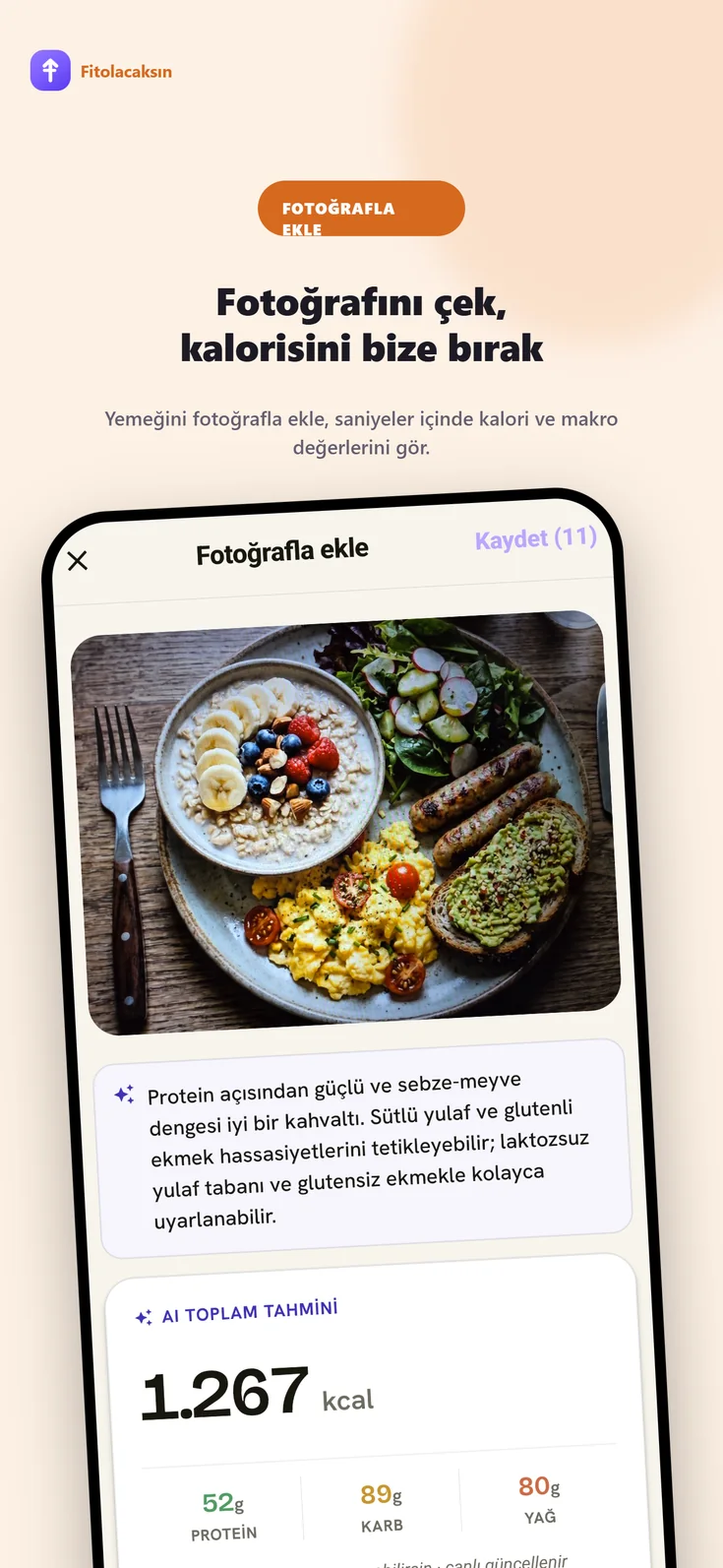 Fitolacaksın fotoğrafla kalori analizi ekranı