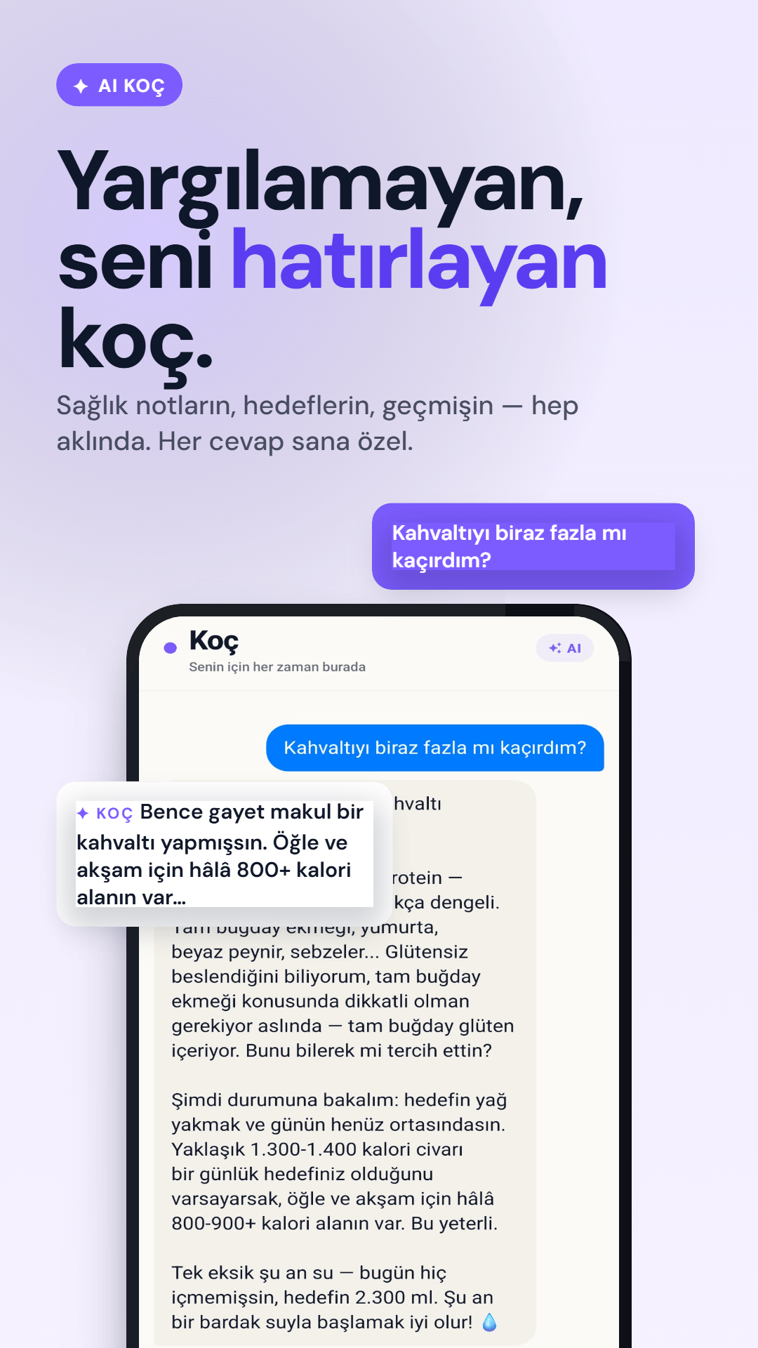 Yargılamayan, seni hatırlayan AI koç — sohbet ekranı
