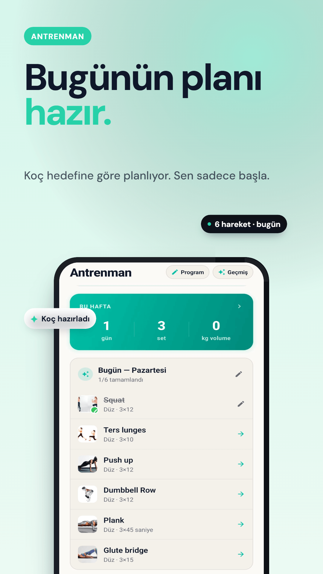 Bugünün antrenman planı — egzersizler ve setler
